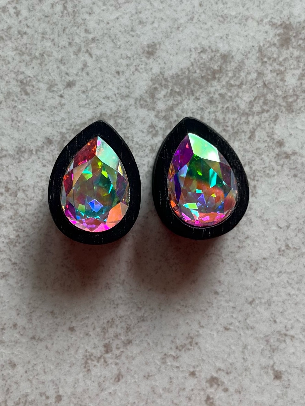 Esoteric Organics Ebony Teardrop ear plugs with Aurora Borealis gems 19mm 3/4”